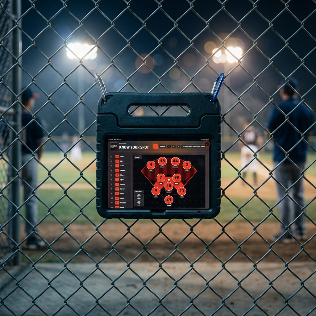 Diamond Command player board hanging on a baseball field fence